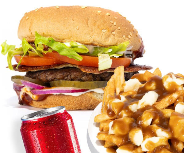 Burger, Poutine, Can of Soda
